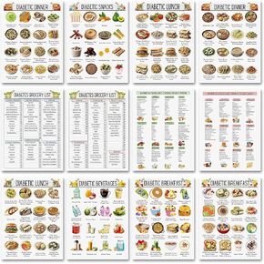 12 Pcs Diabetes Food List Diabetes Meal Chart Information Diet Plan Low Carb Foods List for Blood Sugar Control To Avoid Calories Glycemic Index, Pamphlet Healthy Grocery Nutrition List, Vitamin Chart