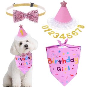 hoyuwak Pink Dog Birthday Party Supplies Girl Dog Birthday Bandana Bow Hat with Numbers for Small Medium Large Pets