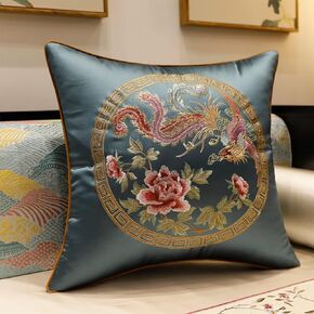 Embroidery Cushion Covers Phoenix and Peonies,2 Pack Soft Satin Throw Pillow Cases Classic Chinese Style Decorative Pillow Cover(Red,45x45cm)(Blue,30x50cm)