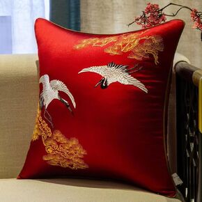Set of 2 Satin Throw Pillow Covers Decorative Cushion Cover Embroidered Japanese Cranes Flying Traditional Pillow Cases,Soft Comfortable(Red,45x45cm)(Red,45x45cm)