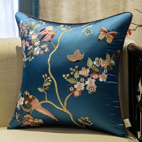 2 Pcs Satin Cushion Covers Chinese Embroidery Throw Pillow Cover Square Silk Pillowcase(Red B,50x50cm)(Dark Blue a,50x50cm)