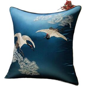 Set of 2 Satin Throw Pillow Covers Decorative Cushion Cover Embroidered Japanese Cranes Flying Traditional Pillow Cases,Soft Comfortable(Red,45x45cm)(Dark Blue,60x60cm)