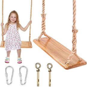 Hanging Wooden Swing, Seat 19.7"x 5.1"× 1.2", Tree Swings for Adults and Kids Outdoor, Adjustable Hemp Rope Plus Tree Straps 80 inch, Kids Swing with 500lbs