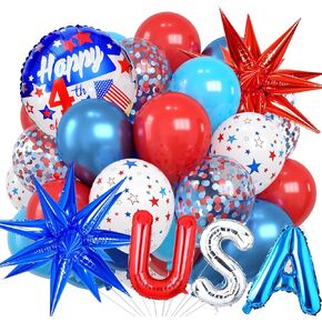 31 PCS Red White and Blue Balloons Set, 12 Inch Red Blue Star Print Latex Balloons, 'U.S.A' Letter Foil Balloon for Birthday Independence Day Patriotic Anniversary 4th of July Decorations Supplies
