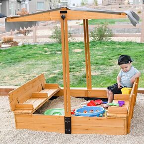 Kids Sandbox with Lid – Large Kids' Outdoor Wooden Sand Box with Cover Sand Protection, Foldable Bench Seats and Retractable Roof - Cedar Wood