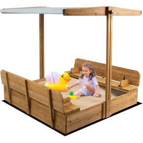 Wooden Kids Sandbox with Lid, Outdoor Sand Box with Adjustable Canopy and Two Foldable Bench Seats, Sandbox with Cover for Beach, Backyard, Bottom Liner & UV-Resistant, Gift for Kids Age 2-8, 47''