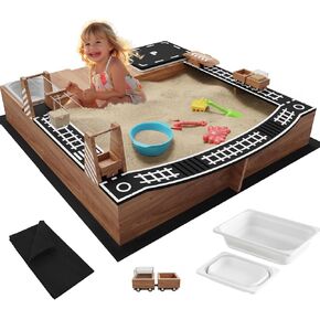 Kids Wooden Sandbox with Fun Sand Play Theme,2 Toy Buckets & 3 Reinforced Benches Outdoor Sand Box for Backyard Garden Patio Lawn Cedar Wood Sandpit w/Magnetic Truck,Bottom Liner - Brown