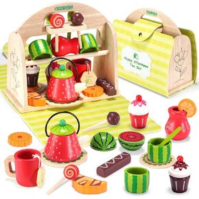 Wooden Tea Party Set for Little Girls Boys,Toddler Picnic Tea Set Food and Carrying Case Pretend Play Kitchen Toy -Montessori Learning Toys for 3-8 Years Old Kids Birthday Gifts