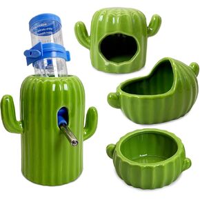 PINVNBY Cactus Ceramic Dwarf Hamster Hideout, Hamster Water Bottle, Sand Bath, Food Bowl & 125ML Water Bottle Holder for Dwarf Hamster Cage Accessories