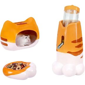 Hamster Cage Accessories-Ceramic Hamster Water Bottle with Stand and Food Bowl and Hideout Habitats for Glass Tank Cool Bed for Syrian Dwarf Gerbils Rat Mouse Mice or Other Small Animals Pet