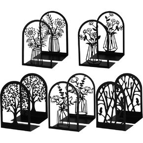 Faccito 5 Pairs Book Ends, Black Metal Bookends for Shelves Decorative, Non Skid Tree Stopper and Flower Shelf Holder for Heavy Books, Home Office School Supplies