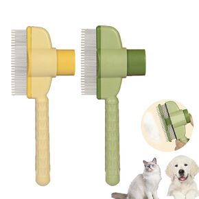 2Pcs Pet Hair Removal Comb Flea Comb, Cat Dog Hair Removal Tool for Cat Brush with Release Button, Self-Cleaning with Long & Short Stainless Steel Metal Teeth for Shedding