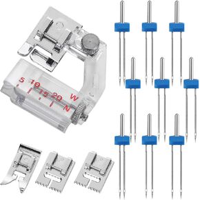 9 Pack Twin Needles for Sewing Machine Set, Stainless Steel Sewing Machine Feet Accessories with Adjustable Edge Guide Hemming Foot, Universal Metal Presser Foot, 9 Groove Pin Tuck Presser Foot