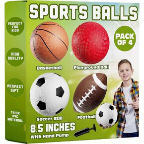 8.5" Sports Balls for Kids & Toddlers - (Pack of 4) Rubber Inflatable Multi-Sport Ball Set - Football, Soccer Ball, Basketball, Playground Ball & Pump - Birthday Gift, Outdoor Toys for Boys & Girls.