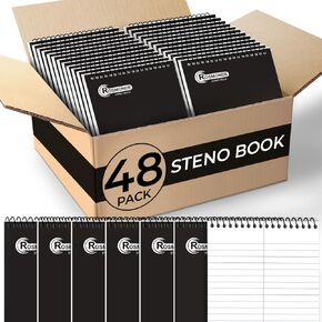 48 Pack Bulk Spiral Steno Pads, 6"x 9", Steno Notebook Gregg Rule, 80 Sheets (160 Pages), Black Covers, Top Spiral Notebook, Bulk Steno Notebooks for Notes in School, College, Office Notepad