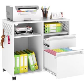 2-Drawer File Cabinet Mobile Filing Cabinet with Lock Lateral File Cabinet Printer Stand with Open Storage Shelves for Home Office (White, Left Drawer)