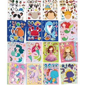 Stickers for Kids, 36 Sheets Mixed Non-Repeating Make a Face Stickers, 9"x6" Cute Animal, Dinosaur, Unicorn, Mermaid, Ocean Creatures, Princess Goodie Bags Stuffers Party Favors Gifts for Kids Age 2-8