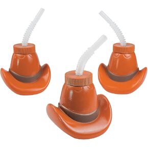 Fun Express Cowboy Hat Cups with Lids & Straws - 15 oz Western Party Cups Kids Birthdays Themed Celebrations & Cowboy Parties - Includes Cups 7.5" Straws & Lids - Fun & Unique Party Favors - 12 Pieces