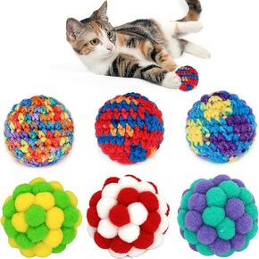 6 Pack Cat Toys Balls - 3 Jingle Bell Ball & 3 Soft Pom Pom Balls, Interactive Kitten Toys for Hunting/Kicking, Handmade, Small 1.8" & Large 2.1" for Adult Cats/Kittens