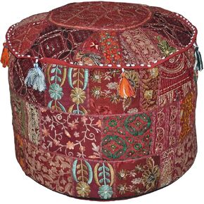 Marusthali Indian Pouf Footstool Ethnic Embroidered Pouf Cover, Indian Cotton Round Pouffe Ottoman Pouf Cover Pillow Ethnic Decor Art - Cover Only
