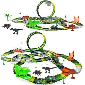 Dinosaur Toys for Kids 3-5, 286 Pcs Create A Dinosaur Toys Race Car for Toddlers, Flexible Track Playset with 2 Dinosaur Cars, Dinosaur Party Favors for 3 4 5 6 Year Old Boys Birthday Gift