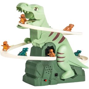 Dinosaur Chasing Race Track, Dinosaur Climbing Slide Music Toy, Electric Dinosaur Roller Coaster with Light and Music Electric Race Track Game Fun Track Slide