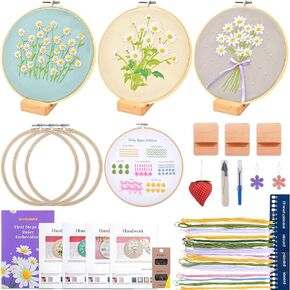 Shyshining Embroidery kit for Adults Beginners,4 Stitch Patterns with 3 Bamboo Hoops & 3 Hoop Stands,Cross Stitch Kits for Adults,Needlepoint Kits,Hand Craft,Step by Step Instructions & Video