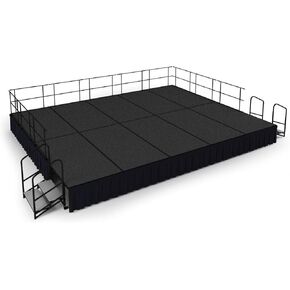 National Public Seating SG482410C-02-SS10 16 x 20 ft. Grey Carpet Stage with Black Shirred Pleat Skirting 24 in. Height