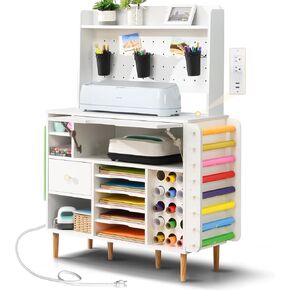 Craft Organizers and Storage Cart with Extendable Desktop and Power Outlet, Compatible with Cricut Maker, Craft Table with Drawer & Vinyl Roll Holders, Craft Cabinet Workstation