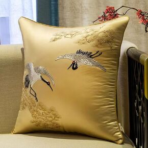Set of 2 Satin Throw Pillow Covers Decorative Cushion Cover Embroidered Japanese Cranes Flying Traditional Pillow Cases,Soft Comfortable(Red,45x45cm)(Champagne,60x60cm)