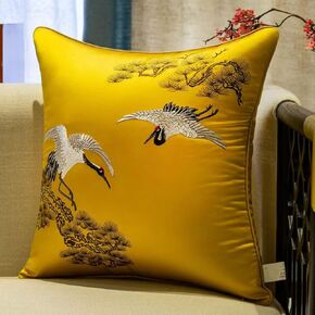 Set of 2 Satin Throw Pillow Covers Decorative Cushion Cover Embroidered Japanese Cranes Flying Traditional Pillow Cases,Soft Comfortable(Red,45x45cm)(Yellow,40x60cm)