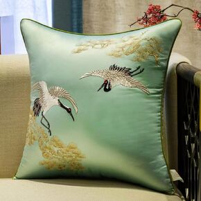 Set of 2 Satin Throw Pillow Covers Decorative Cushion Cover Embroidered Japanese Cranes Flying Traditional Pillow Cases,Soft Comfortable(Red,45x45cm)(Light Blue,35x50cm)