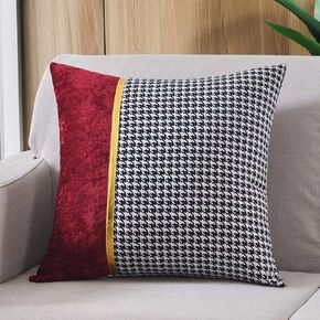 Decorative Cushion Covers Houndstooth Plaid Pattern,2 pcs Throw Pillow Covers Stitching Gold Leather Striped,Sofa Square Pillowcase(A,60x60cm)(Wine Red,50x50cm)