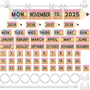 Retro Pencil Shape Flip Calendar with Adjustable Calendar Holder and 54 Date Cards Classroom Set for Home Back to School Classroom Decoration Supplies(Eucalyptus)