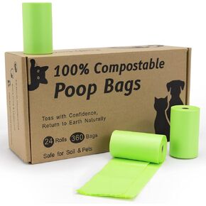 100% Compostable & Biodegradable Poop Bags(360 Bags, 24 Rolls) - 20 Micron Thick, Guaranteed Leak Proof, ASTM D6400 & EN 13432 Certified (Green)