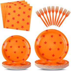Oudain 96 Pcs Anime Theme Party Supplies 24 Sets Anime Paper Plates Napkins Forks Orange and Red Stars Print Disposable Plate Napkin Fork for Anime Party Decoration