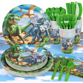 DECORLIFE 169PCS Dinosaur Party Supplies Serve 24 with Tablecloth, Dinosaur Birthday Decorations for Boys Includes Dinosaur Plates, Napkins, Cups and Cutlery Set