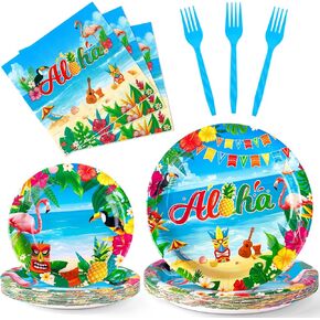 96Pcs Luau Aloha Party Decorations, Hawaiian Birthday Party Supplies Bundle Luau Plates and Napkins, Summer Tropical Birthday Party Decorations Serves 24