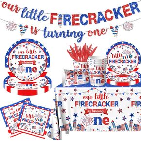 4th of July Birthday Decorations Paper Plates Tablecloth Patriotic Party Supplies Little Firecracker First Birthday Party Supplie for Baby Shower Memorial Day Independence Day Decorations