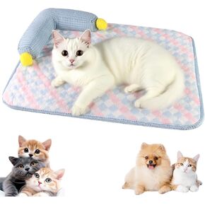 Cooling Cat Bed with Pillow,Breathable Summer Mat-L-Shaped Sofa Design,ice Silk Cooling mat Cats with Pillow, Machine-Washable Cushion comforting Bed for Persian, Siamese, Small Pets (Blue)
