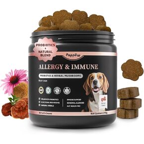 Dog Allergy Chews, Probiotics Supplement for Dogs Seasonal Allergies & Immune Support & Gut Health Pro, Mushroom Soft Chews for Joint, Energy, Itching Skin Support, Bacon Flavor - 90 Count