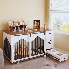 Large Dog Crate Furniture with 2 Dog Bowls, 47in Wooden Dog Kennel with Drawer, Barn Doors Decorative Pet Cage Dog House as TV Stand, Entryway Table