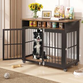 39.4" Dog Crate Furniture for Medium Breed, Dog Kennel Furniture with Storage Shelf & Lockable Wheels, Heavy Duty Wooden End Side Table Pet Cage Indoor, Chew-Resistant, Brown