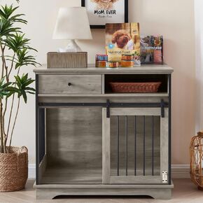 Dog Crate Furniture, Dogs Kennel Indoor with Sliding Barn Door, Heavy Duty Wood Decorative Dog Crates for Small/Medium/Large Dogs, 35.4" L x 23.6" W x 33.5" H