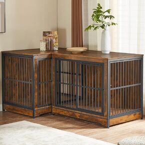 Rovibek 86" Stackable Dog Kennel Furniture with Removable Divider & 3 Doors, Double Dog Crates Furniture for 2 Dogs, Corner Dog Crate Furniture, Rustic Brown