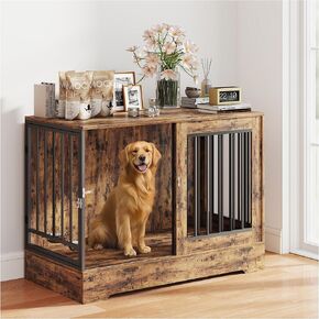 47 Inch Dog Crate Furniture for Large Dogs, Wooden Heavy Duty XL Dog Kennel with Double Doors Indoor, Decorative Pet House Dog Cage End Table with Bowls (Rustic Brown, 47.2" L x 23.6" W x 35.4" H)