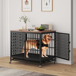 Indestructible Dog Crate, BOINN 42 inch Heavy Duty Extra Large Dog Crate Furniture for Large Medium Dog with Removable Trays, 3 Door, 4 Lockable Wheels & 5 Locks, XL Dog Kennel Furniture Indoor