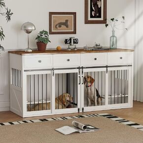 71" Wooden Large Dog Crate Furniture for 2 Medium Dogs, Heavy Duty Dog Kennel Furniture with 4 Drawers, 4 Dog Bowls, Sliding Barn Door, Removable Divider, Double Rooms for Living Room