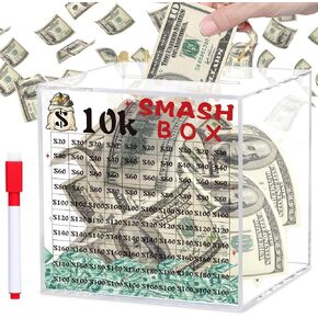 20k Smash Box for Money, Large Piggy Bank For Adults 20000 Savings Challenge Box, Money Saving Box for Cash, Big Unbreakable Clear Acrylic Money Saver Must Break to Open