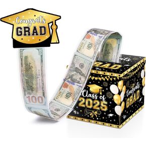Graduation Money Box for Cash Gift Pull 2025 Black and Gold, Graduation Money Holder with Pull Out Card and 100Pcs OPP Bags for Class of 2025 Congrats Grad Party, Surprise Box for College High School